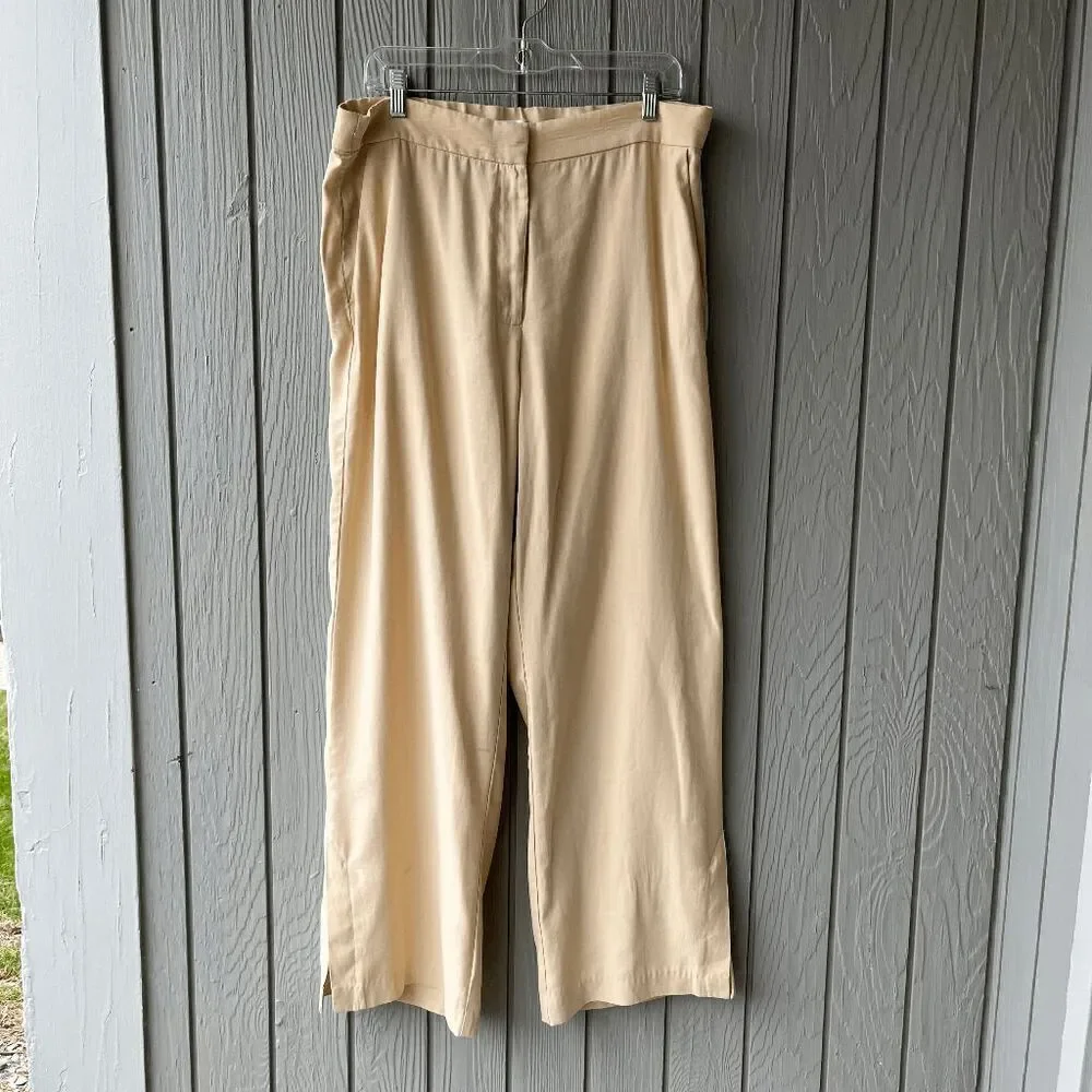 H&M Wide Leg Linen Blend Trousers Beige Size 14 Side Slits Pockets